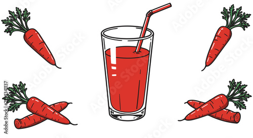 Fresh carrot juice in a glass surrounded by whole carrots. This vibrant illustration captures the essence of healthy refreshment and natural goodness.