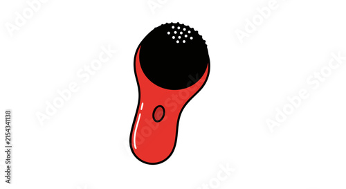 A modern facial cleansing device with a sleek, ergonomic design in vibrant red and black. This compact tool features a textured cleaning surface and a single button control.