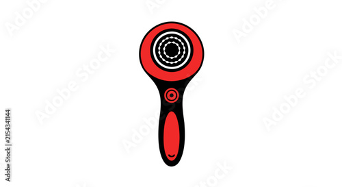 A red and black hair dryer with a circular nozzle and handle