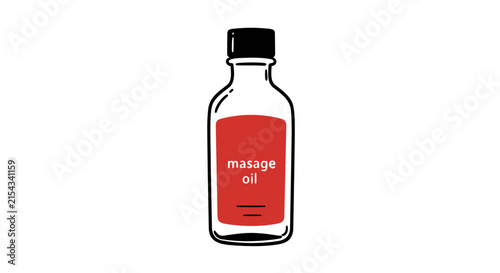 A clear glass bottle filled with red massage oil, sealed with a black cap. The label on the bottle reads massage oil in white text