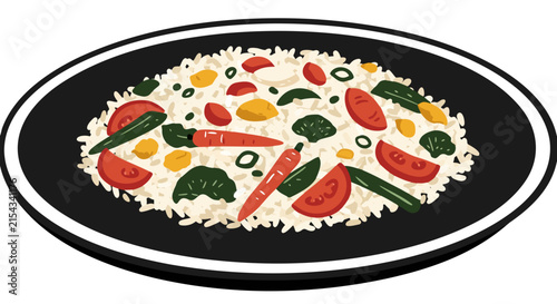 A delicious and colorful vegetable rice dish served on a black plate. The rice is mixed with various fresh vegetables, including tomatoes, carrots, and green beans