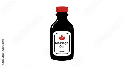 A bottle of massage oil with a red cap, a label that reads Massage Oil with a flame symbol.