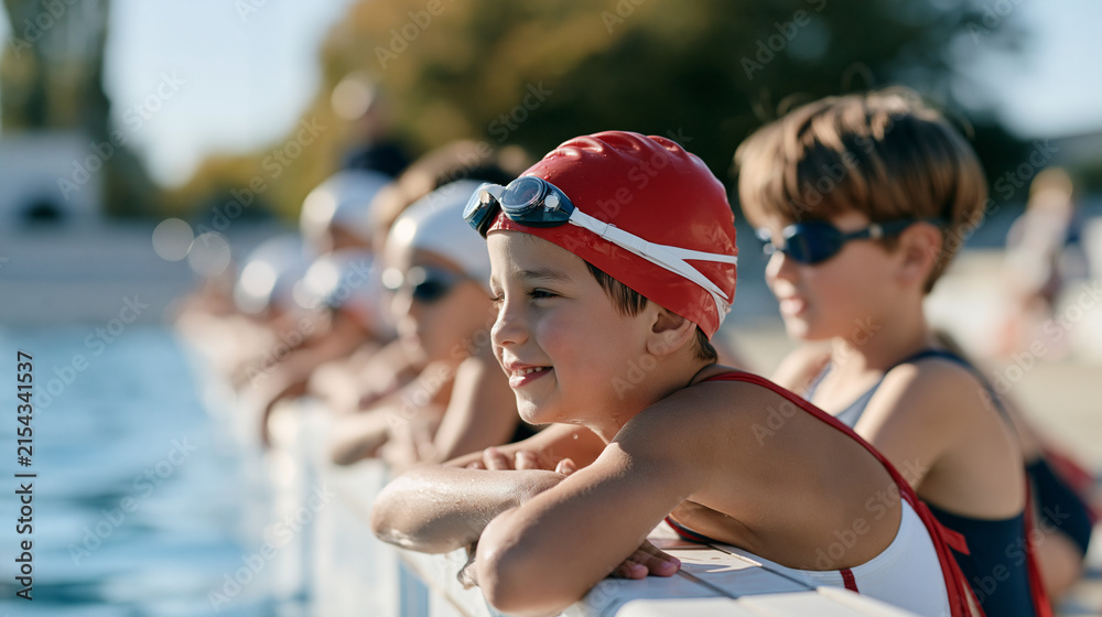 Fototapeta premium Swim team junior squad standing at the edge of an empty desolate outdoor lido pool in early autumn, wide establishing shot capturing the full length of the facility, children in