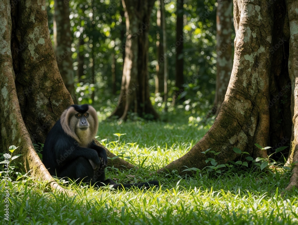 Obraz premium Lion tailed macaque sits on green grass between large tree trunks in tropical jungle. Endangered primate looks forward with white mane. Rare wild monkey rests in forest habitat near woods during