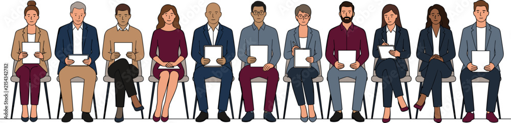 Obraz premium Diverse applicants line sitting on chairs holding cv resumes waiting for job interview vector illustration
