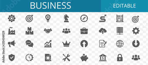 Set of flat business and office icons representing management communication finance and professional corporate work tasks