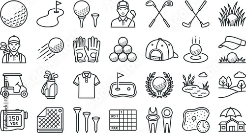 Bild auf Leinwand Golf sport and championship line icons set featuring tournament equipment club p