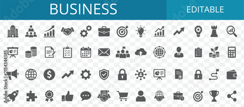 Set of flat business and office icons representing management communication finance and professional corporate work tasks