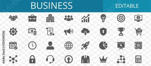 Set of various business and management icons representing strategy communication growth and corporate development for professional web design