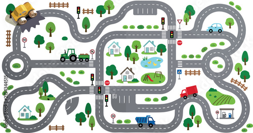 Kids city road play mat layout vector illustration with winding streets traffic lights construction vehicles houses and park lakes