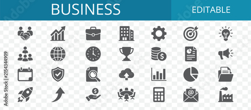 Set of flat business and office icons representing management communication finance and professional corporate work tasks