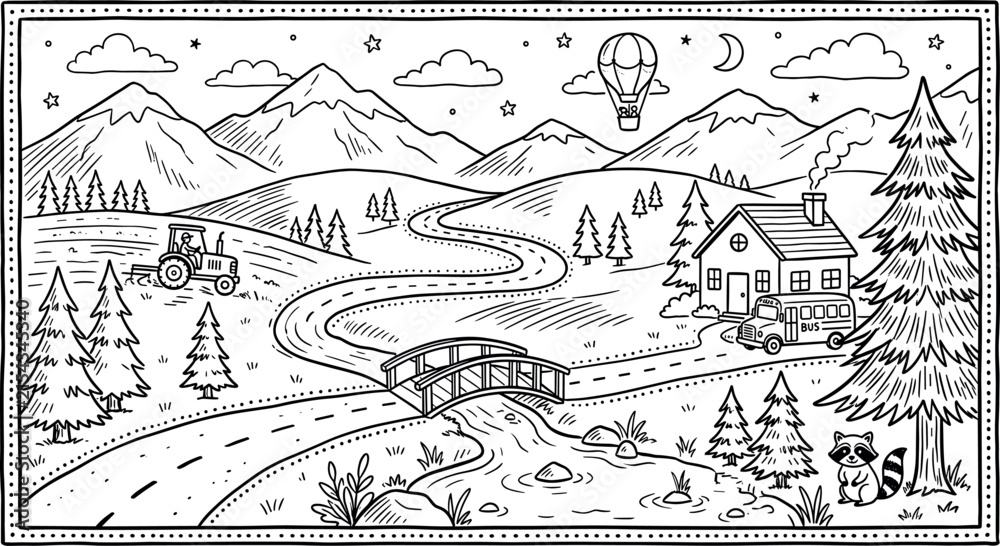 Fototapeta premium Kids coloring page vector design with country landscape mountain road bridge house tractor hot air balloon and raccoon outline illustration