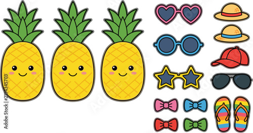  Cute Summer Pineapple Character and Beach Accessories Icon Set with Sunglasses, Hats, Bow Ties, and Rainbow Flip Flops Vector Illustration