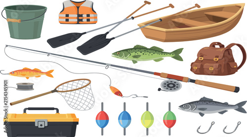 Fotografía Fishing equipment set with wooden boat rod reel tackle box bait net fish floats