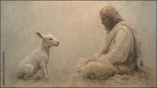 Biblical Shepherd Sitting Peacefully with Young Lamb in Spiritual Painting