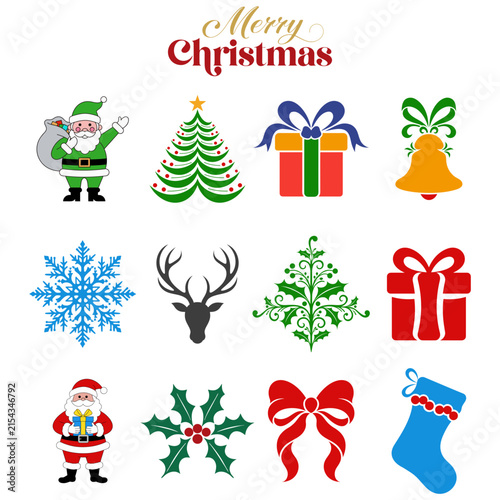 Christmas Vector Elements Collection, Merry Christmas Holiday Icons and Festive Decorative Bundle with Santa Claus, Christmas Tree, Gift Box, Bell, Snowflake, Reindeer, Holly, Bow and Stocking