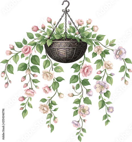 Vintage Hanging Basket with Cascading Pink Rose Vines and Elegant Wrought Iron Planter Vector Graphic for English Garden and Home Decor Designs