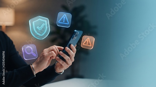 A person holding a smartphone with floating digital security icons representing data protection and cybersecurity concepts in a modern office