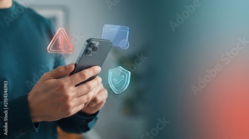 A person holding a smartphone displaying digital security icons representing cyber protection and warning signs about potential online data threats