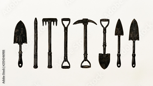 A linocut print of an excavation site tool kit sits against a sterile white surface, rough carved texture revealing layered soil strata marks and handmade imperfection that evokes