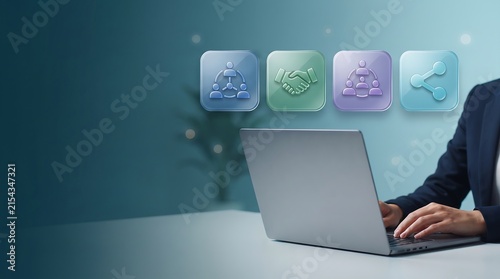 A professional business person working on a laptop computer with digital icons representing data analytics and modern technology business solutions