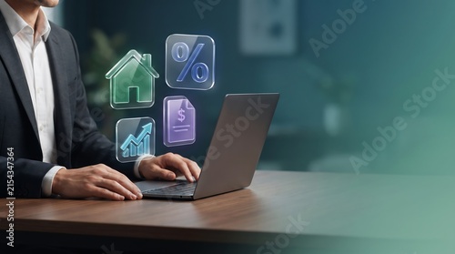 A professional businessman working on a laptop with futuristic holographic icons representing real estate property and digital construction data analytics