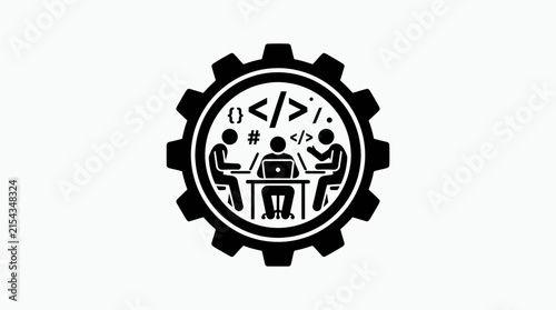 Teamwork coding concept: people collaborating on programming inside gear icon