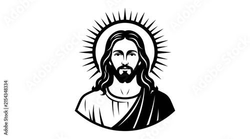 Jesus Christ Portrait with Halo and Rays of Light, Christian Symbol