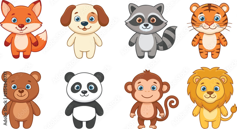 Obraz premium Cute cartoon wild and domestic animals vector set including fox dog raccoon tiger bear panda monkey lion