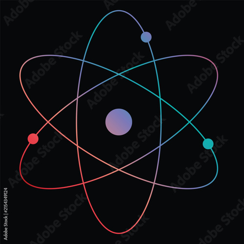 Gradient Atom Icon Illustration Isolated on Black Background, Colorful Science Physics Chemistry Symbol Design