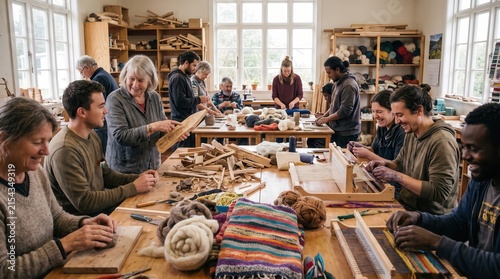 Diverse community craft workshop with people learning woodworking weaving and pottery in studio