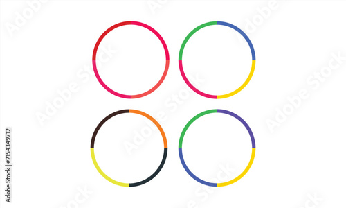 Set of four colorful circular loading progress bars or frames with segmented color gradients