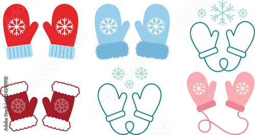 Winter Mittens Vector Set with Snowflake Patterns Knitted Wool Gloves and Warm Fur Accents for Christmas Holiday Season Graphic Designs