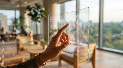 Hand interacting with futuristic transparent glass tablet interface in modern office lounge