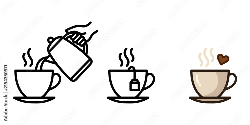 Obraz premium Three icons representing tea and coffee preparation, showing pouring hot beverage, steeping tea bag and cup with steam and heart, for cafe and beverage concepts.