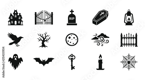 Collection of spooky halloween icons including haunted house tombstone and bats. vector illustration