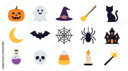 Colorful halloween icons collection including pumpkins ghosts bats and spooky haunted house. vector illustration