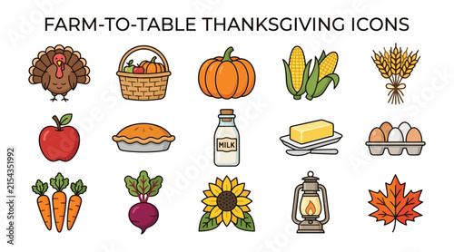 Collection of colorful farm fresh produce and thanksgiving icons for seasonal celebrations. vector illustration