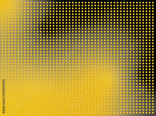 Abstract yellow halftone dot pattern with a smooth gradient and varying dot intensity against a dark background. Repeating circular elements create a bold geometric composition.