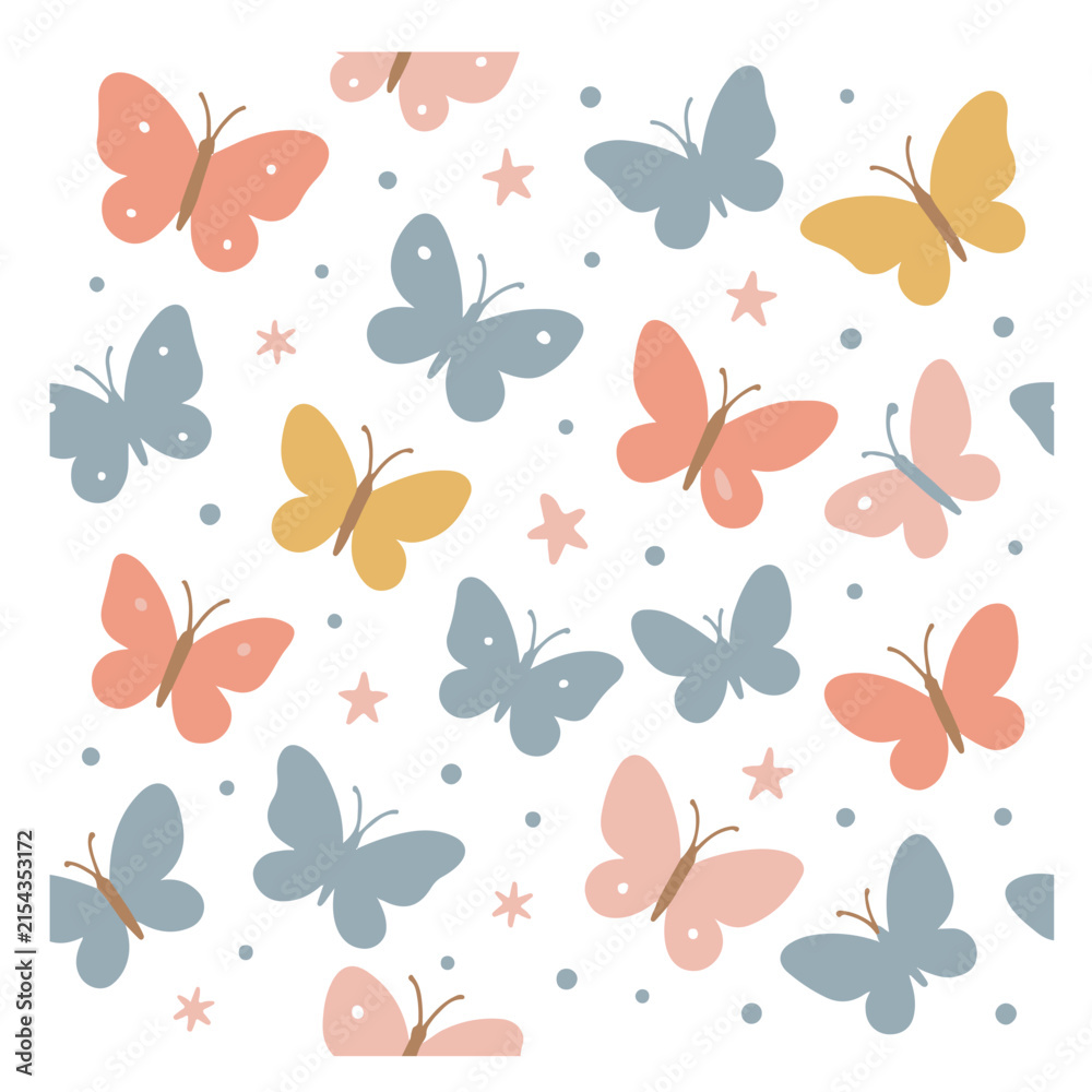 Fototapeta premium Pastel Butterfly Seamless Pattern with Cute Colorful Butterflies on White Background