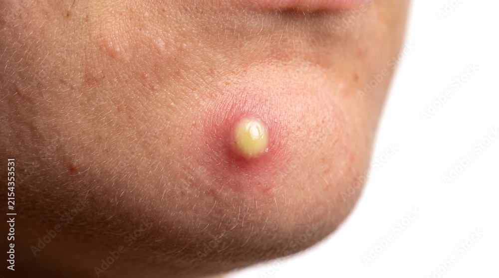Fototapeta premium Macro shot of large inflamed purulent pimple with yellow pus on human chin