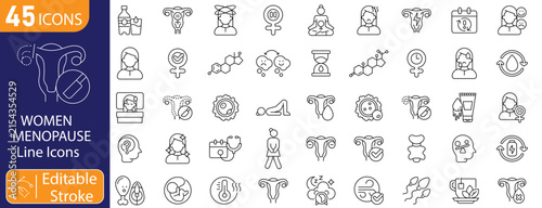 Women Menopause icons set. Includes menopause awareness, hot flashes, hormonal changes, self-care, wellness, emotional support, and women's health symbols. Editable stroke. Line icons.
