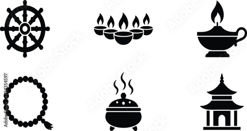 Bild auf Leinwand Buddhist cultural icons set with Dharma wheel, butter lamps, oil lamp, prayer be