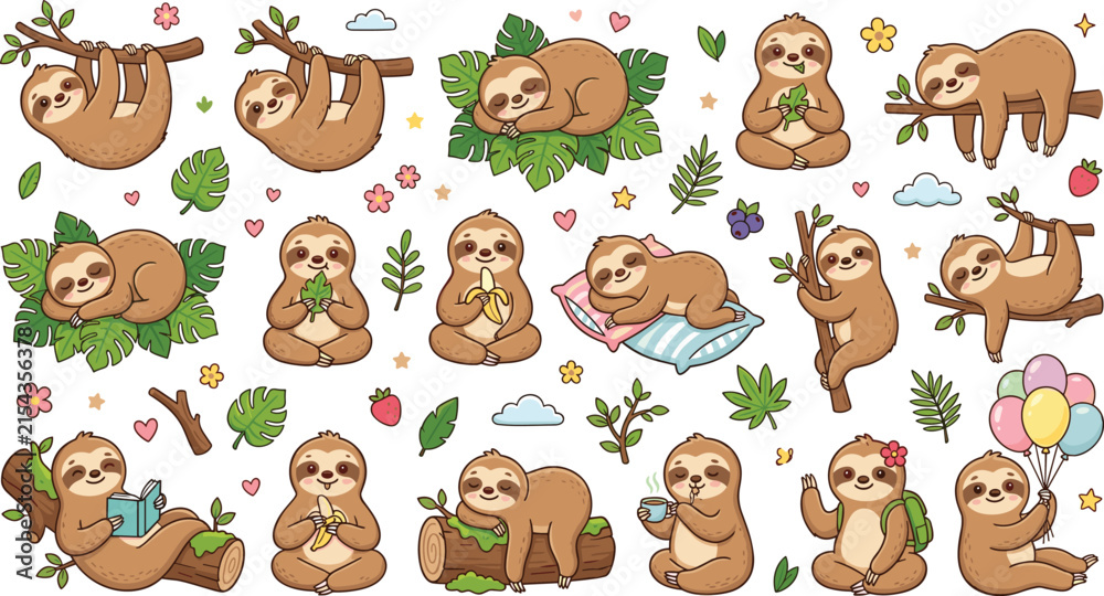 Obraz premium Cute Cartoon Sloth Character Clip Art Collection with Funny Animals Sleeping Reading Eating Banana Hanging on Trees and Holding Balloons for Children Design