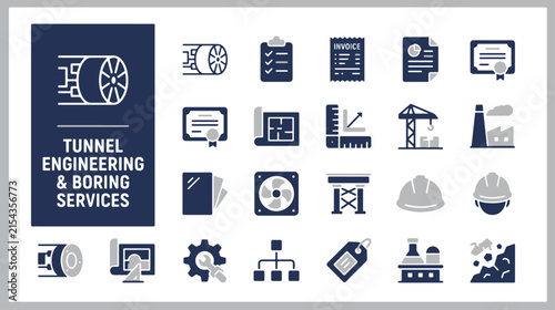 Tunnel engineering and boring services icon set with underground construction, drilling, and infrastructure planning symbols