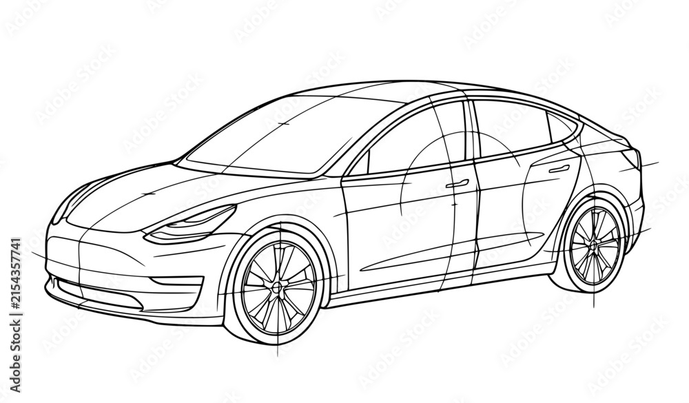 Fototapeta premium Modern Electric Car Line Drawing Vector with Two Doors and Large Wheels