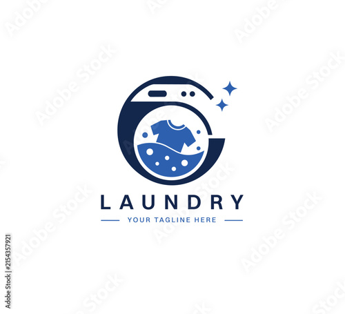 Laundry Washing Machine Logo Design with Clothes Icon for Dry Cleaning, Laundromat, Garment Care, Housekeeping, Textile Service Business Emblem, Badge and Template Design