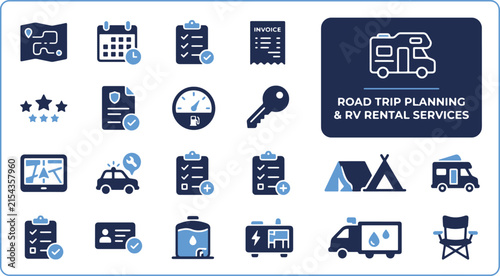 Road Trip Planning and RV Rental Services Icon Set for Camping and Travel
