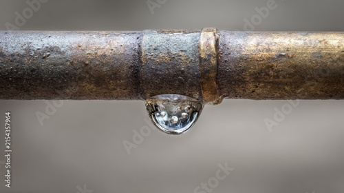 Macro view of water leaking from weathered metal pipe joint