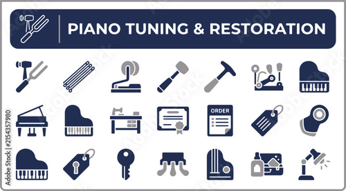 Professional Musical Instrument Maintenance and Piano Service Icon Set for Repair Workshops